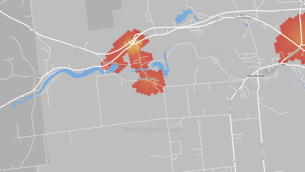 Walk Grade map of Woods Mills, NY, walkable areas in green and car-dependent areas in red