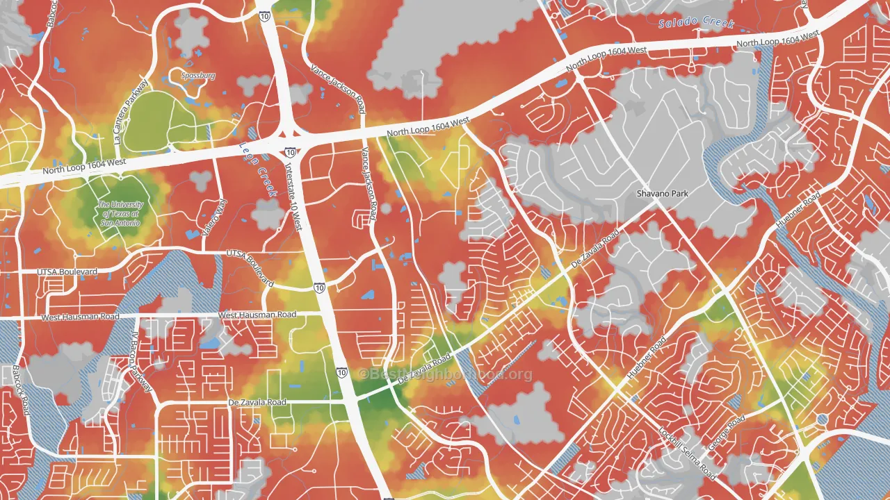 Walk Grade map of Woods of Shavano, San Antonio, TX, walkable areas in green and car-dependent areas in red