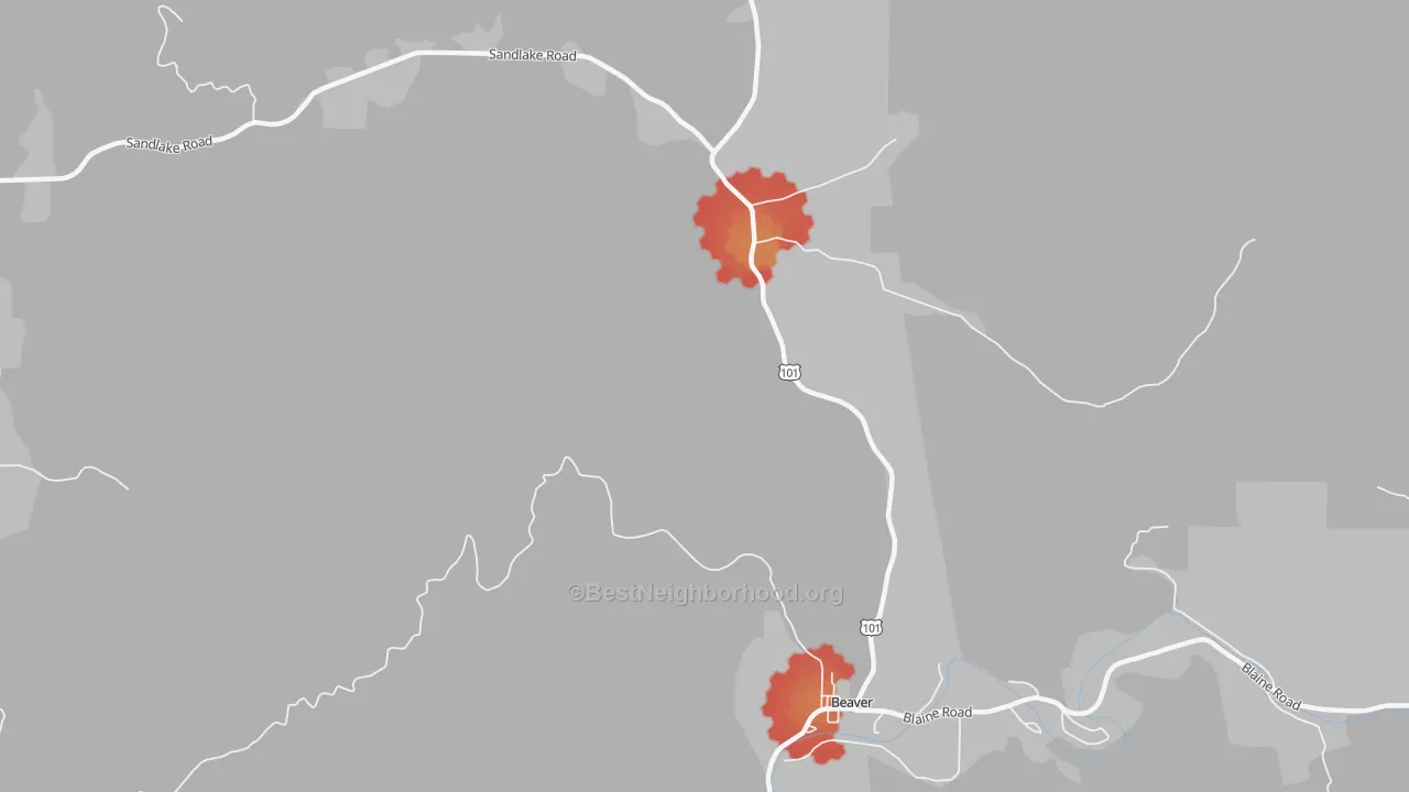 Walk Grade map of Woods, OR, walkable areas in green and car-dependent areas in red