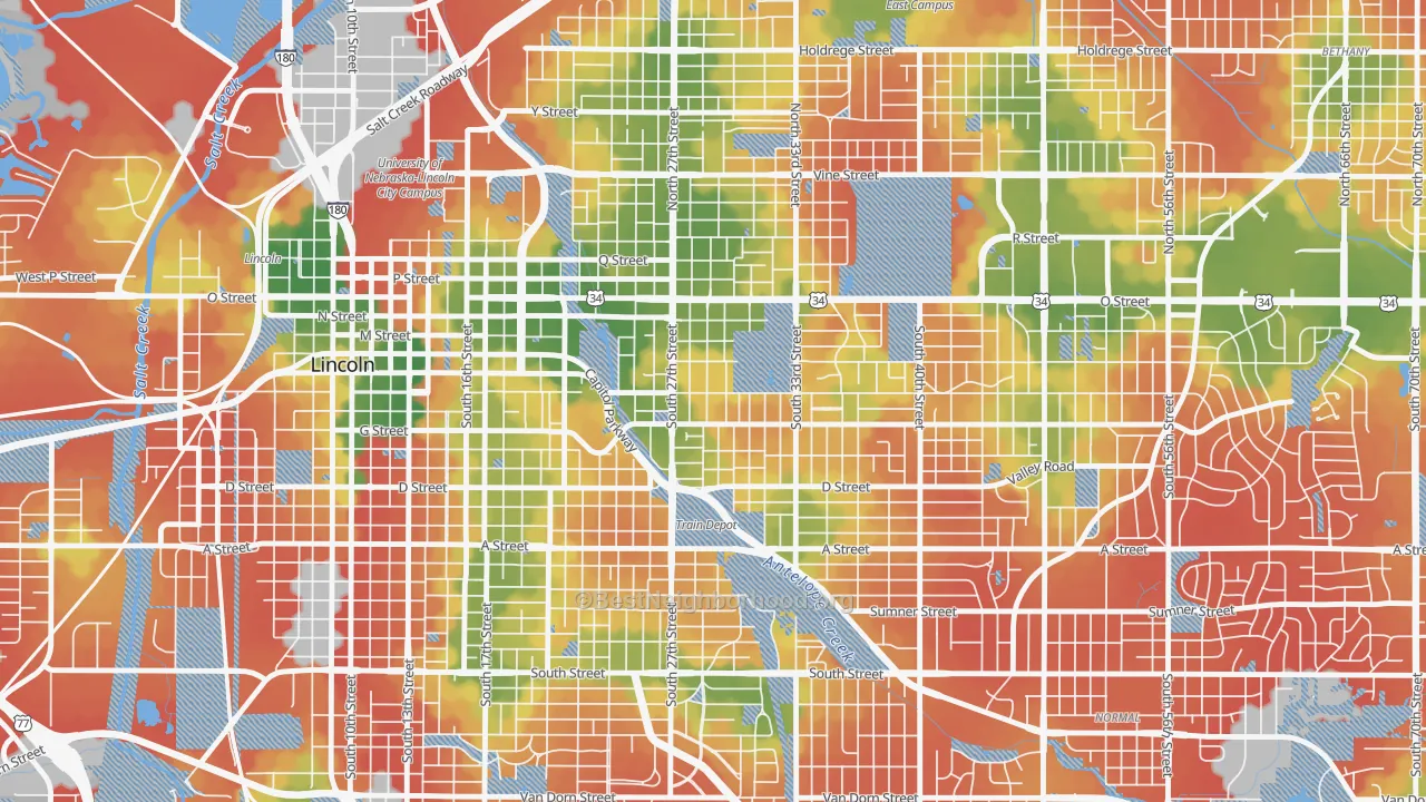 Walk Grade map of Woods Park, Lincoln, NE, walkable areas in green and car-dependent areas in red
