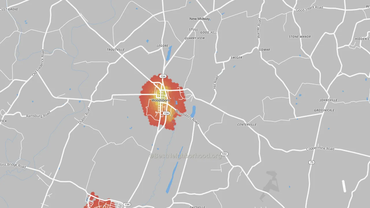 Walk Grade map of Woodsboro, MD, walkable areas in green and car-dependent areas in red