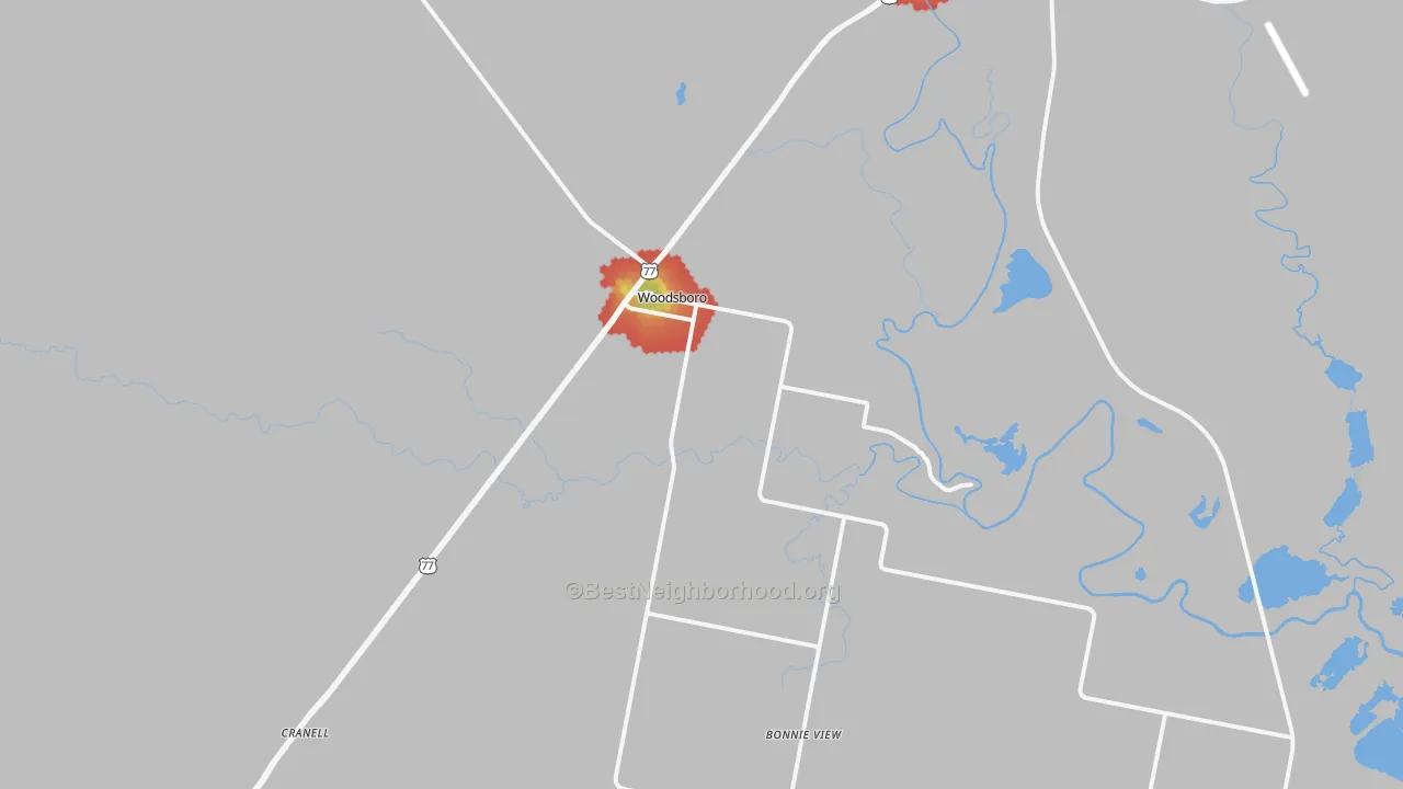 Walk Grade map of Woodsboro, TX, walkable areas in green and car-dependent areas in red