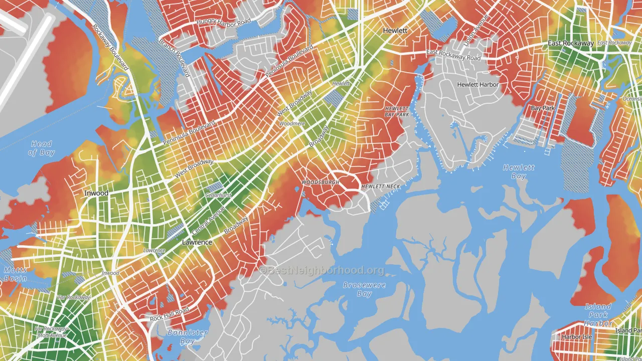 Walk Grade map of Woodsburgh, NY, walkable areas in green and car-dependent areas in red