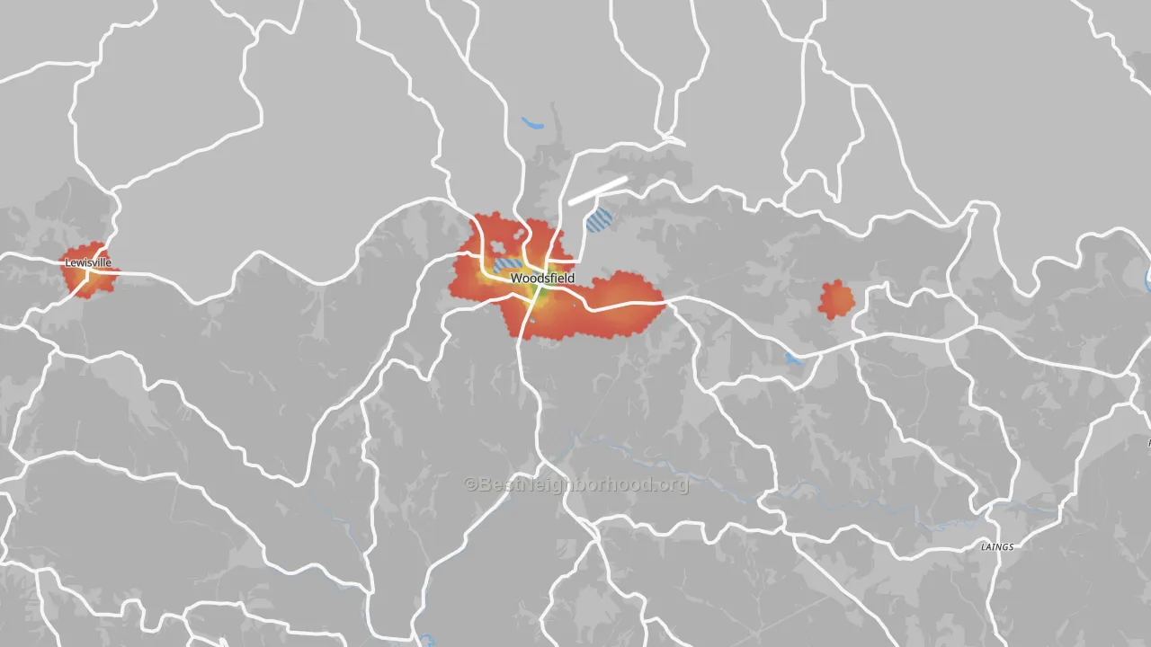 Walk Grade map of Woodsfield, OH, walkable areas in green and car-dependent areas in red