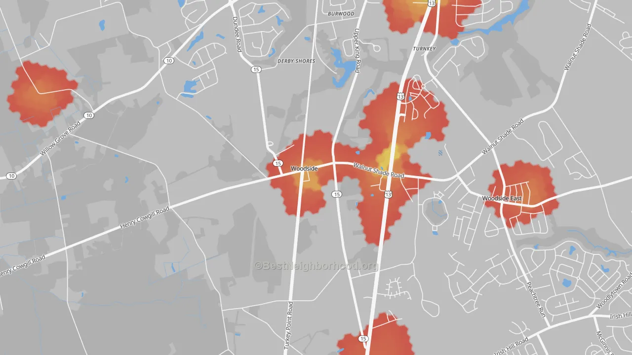 Walk Grade map of Woodside, DE, walkable areas in green and car-dependent areas in red
