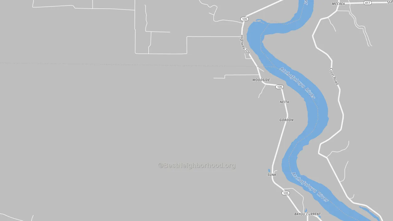 Walk Grade map of Woodside, LA, walkable areas in green and car-dependent areas in red
