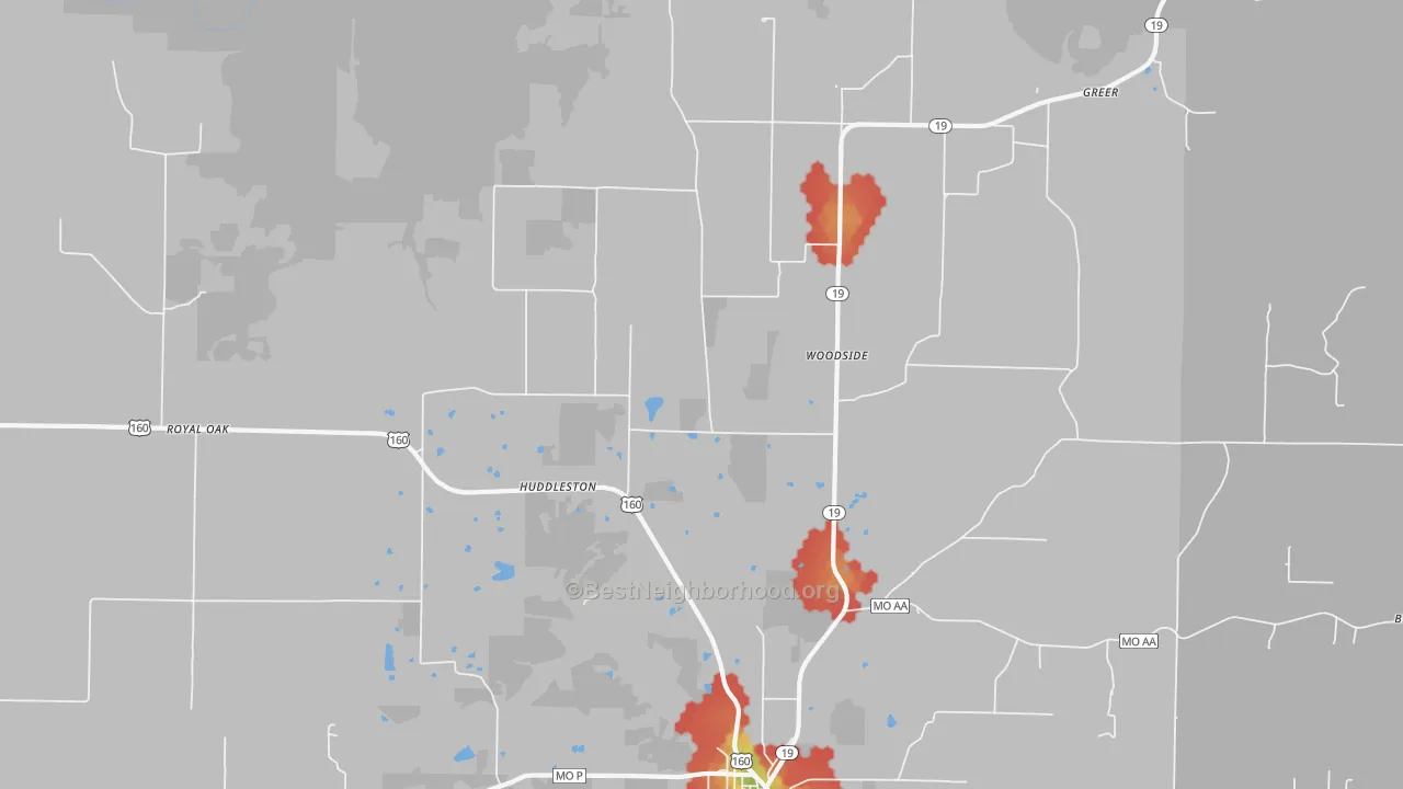 Walk Grade map of Woodside, MO, walkable areas in green and car-dependent areas in red