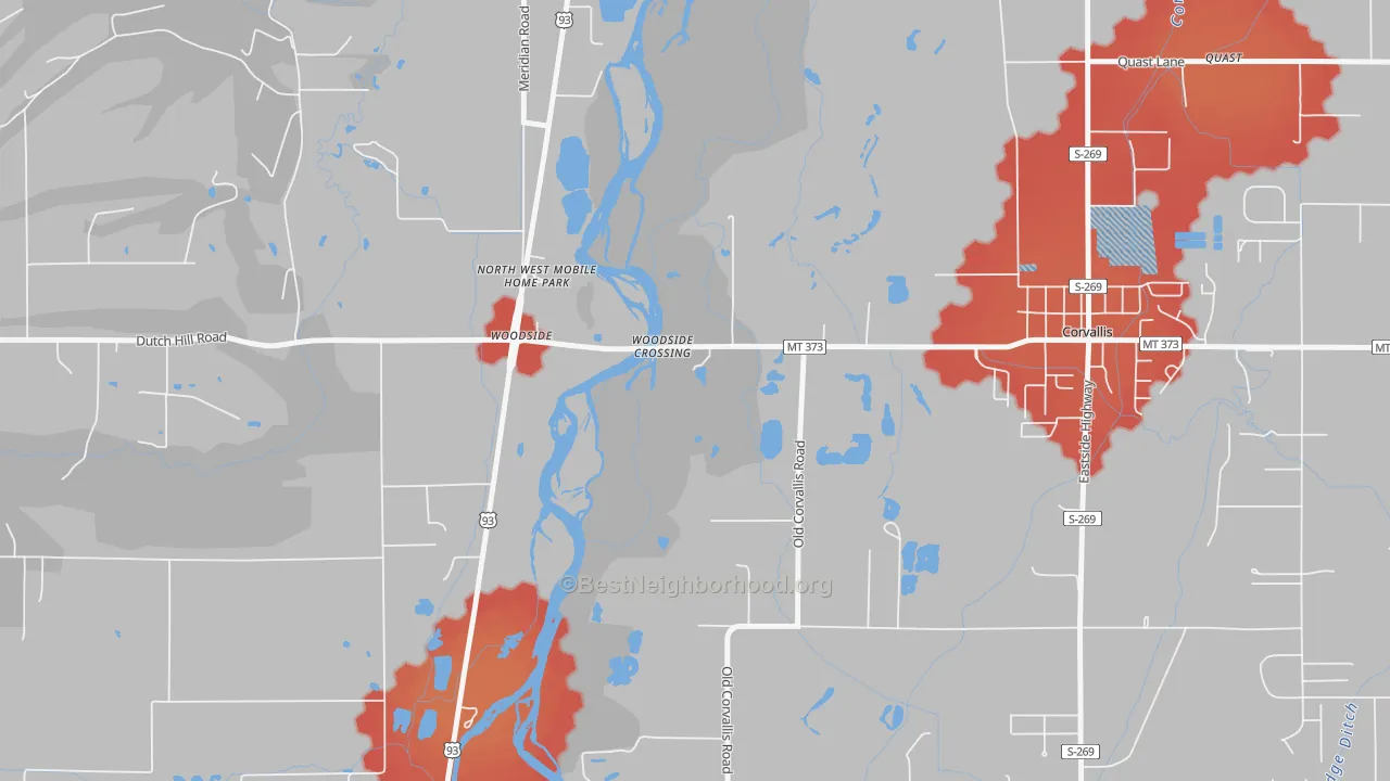 Walk Grade map of Woodside, MT, walkable areas in green and car-dependent areas in red