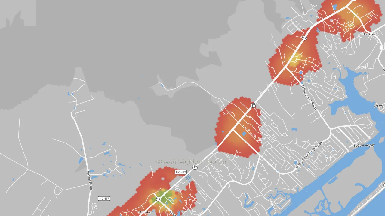 Walk Grade map of Woodside, NC, walkable areas in green and car-dependent areas in red
