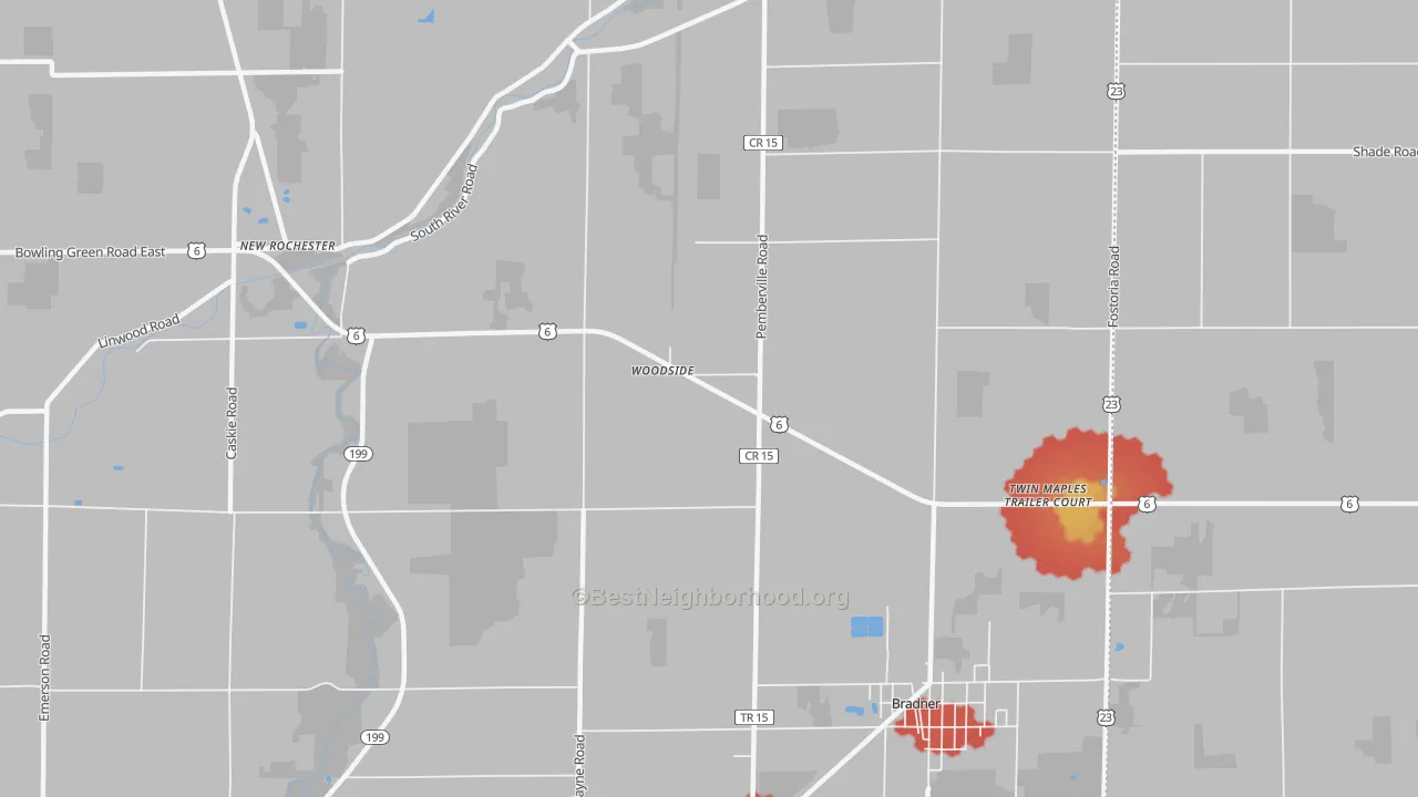 Walk Grade map of Woodside, OH, walkable areas in green and car-dependent areas in red
