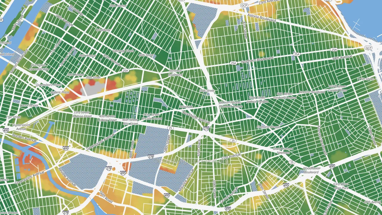 Walk Grade map of Woodside, Queens, NY, walkable areas in green and car-dependent areas in red