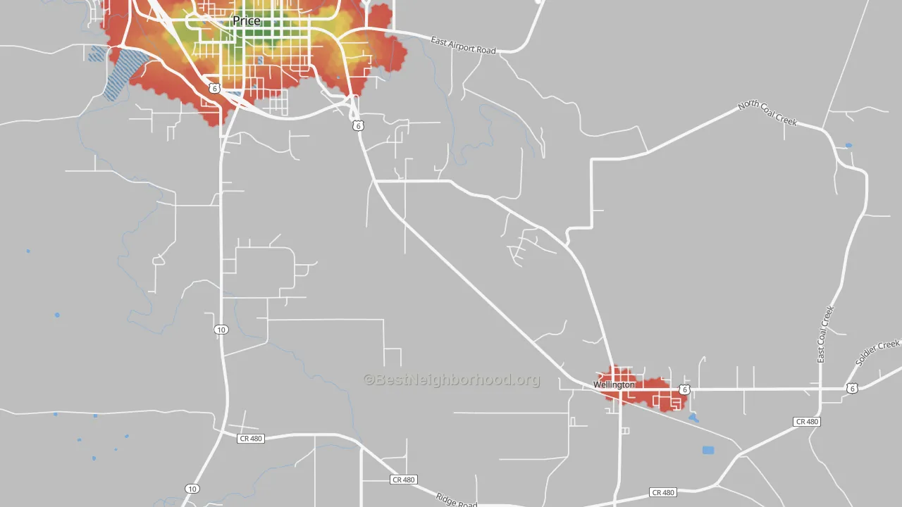 Walk Grade map of Woodside, UT, walkable areas in green and car-dependent areas in red