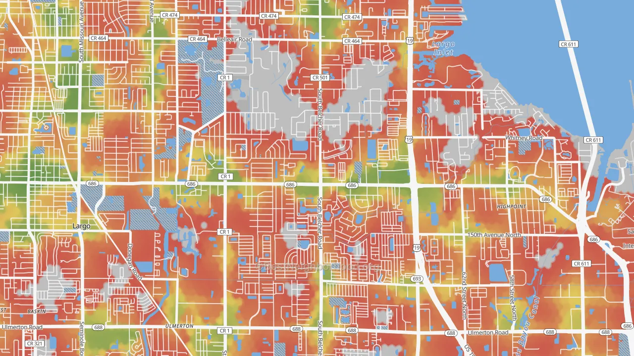 Walk Grade map of Woodside Village, Largo, FL, walkable areas in green and car-dependent areas in red