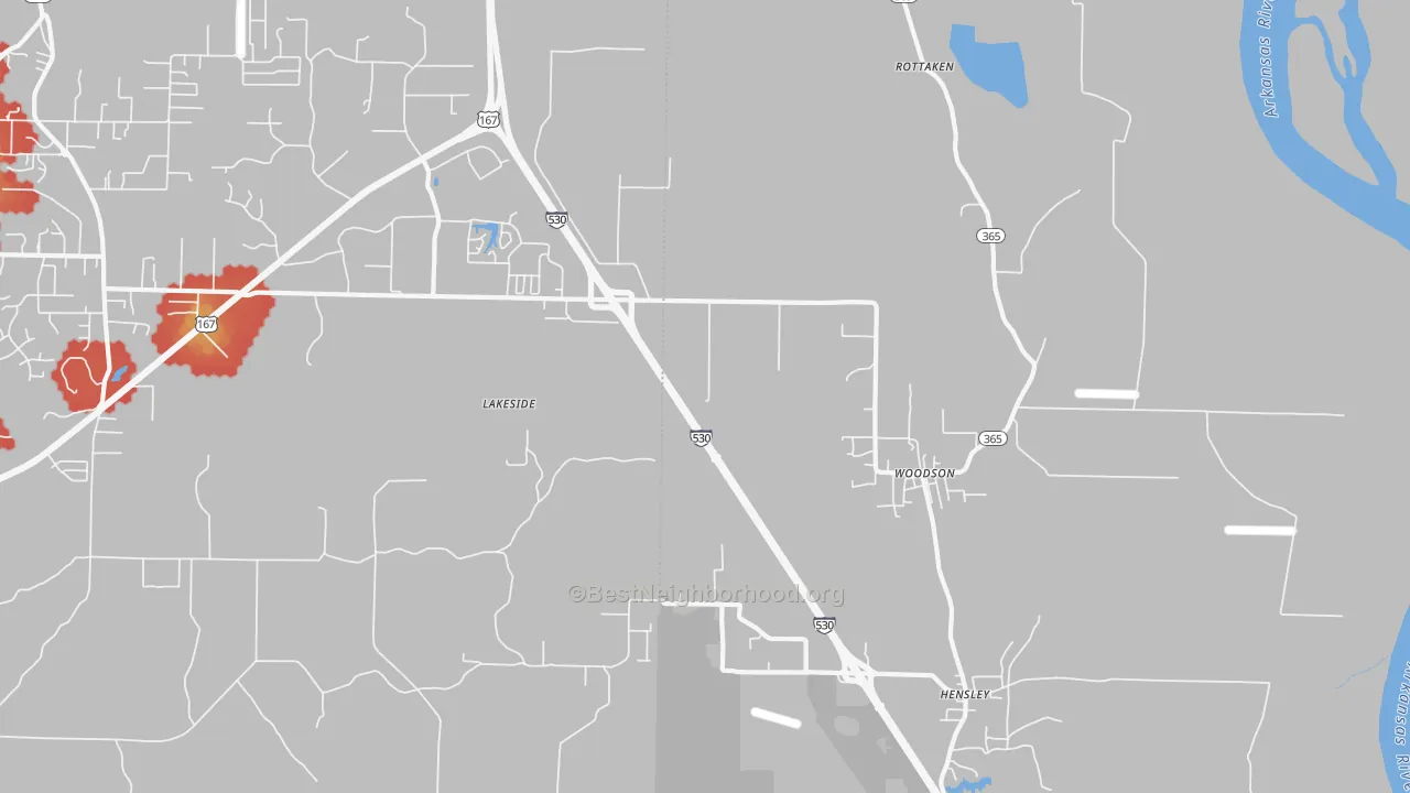 Walk Grade map of Woodson, AR, walkable areas in green and car-dependent areas in red