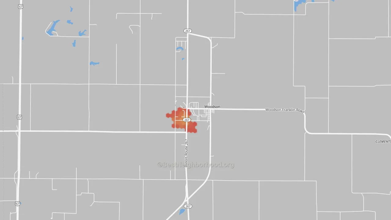 Walk Grade map of Woodson, IL, walkable areas in green and car-dependent areas in red