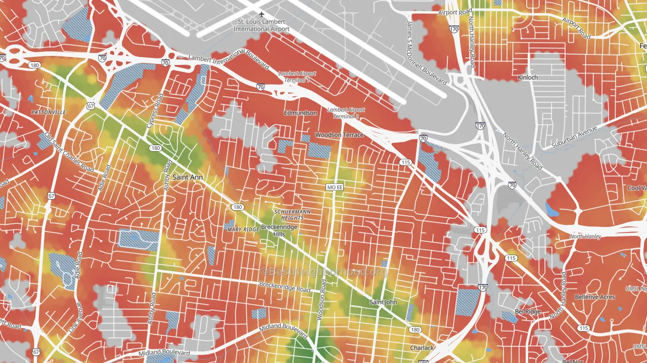 Walk Grade map of Woodson Terrace, MO, walkable areas in green and car-dependent areas in red
