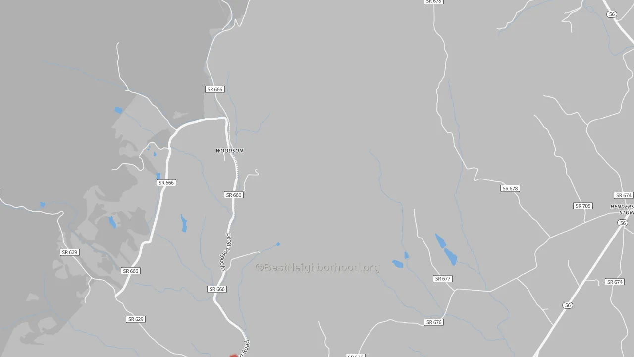 Walk Grade map of Woodson, VA, walkable areas in green and car-dependent areas in red
