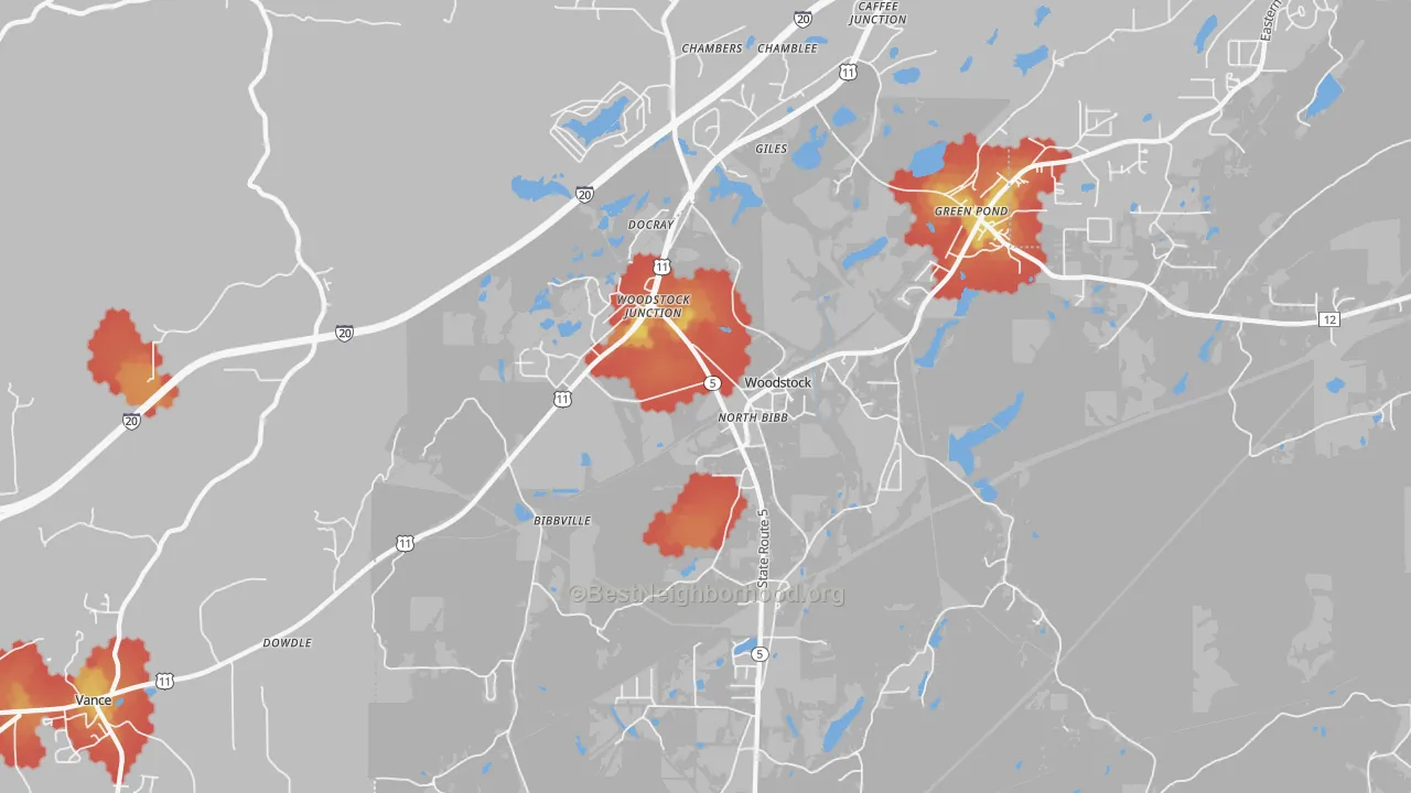 Walk Grade map of Woodstock, AL, walkable areas in green and car-dependent areas in red