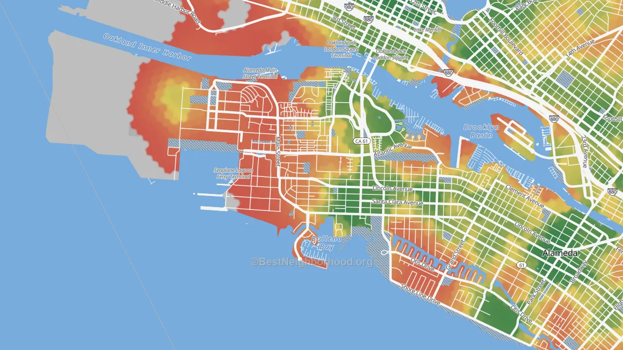 Walk Grade map of Woodstock, Alameda, CA, walkable areas in green and car-dependent areas in red