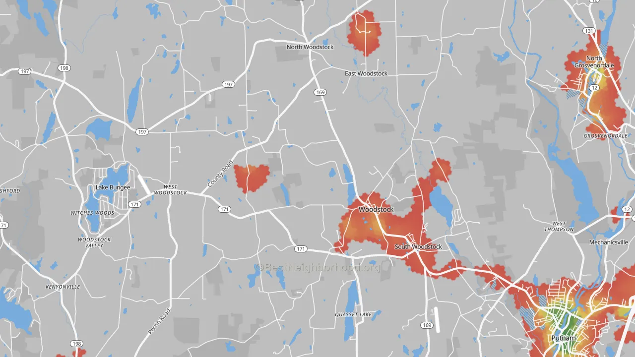 Walk Grade map of Woodstock, CT, walkable areas in green and car-dependent areas in red