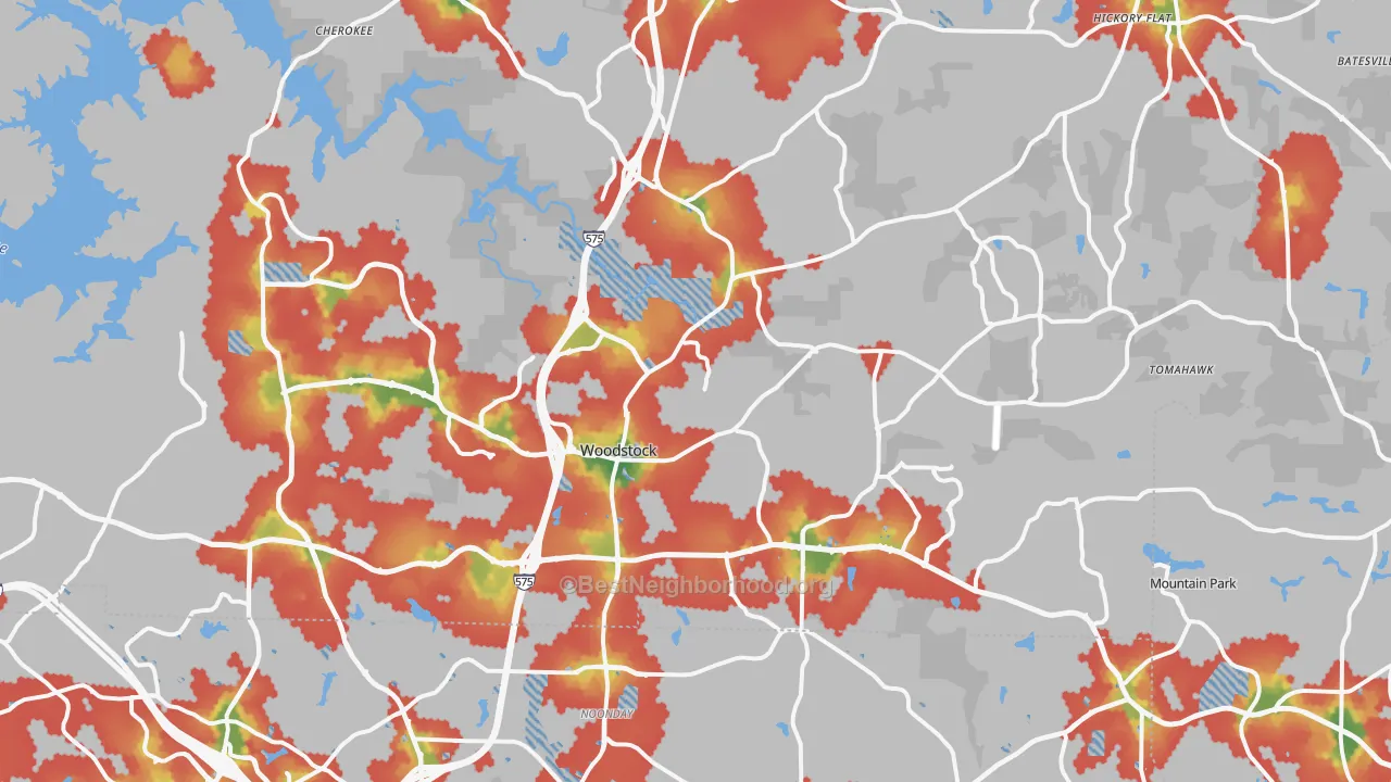 Walk Grade map of Woodstock, GA, walkable areas in green and car-dependent areas in red