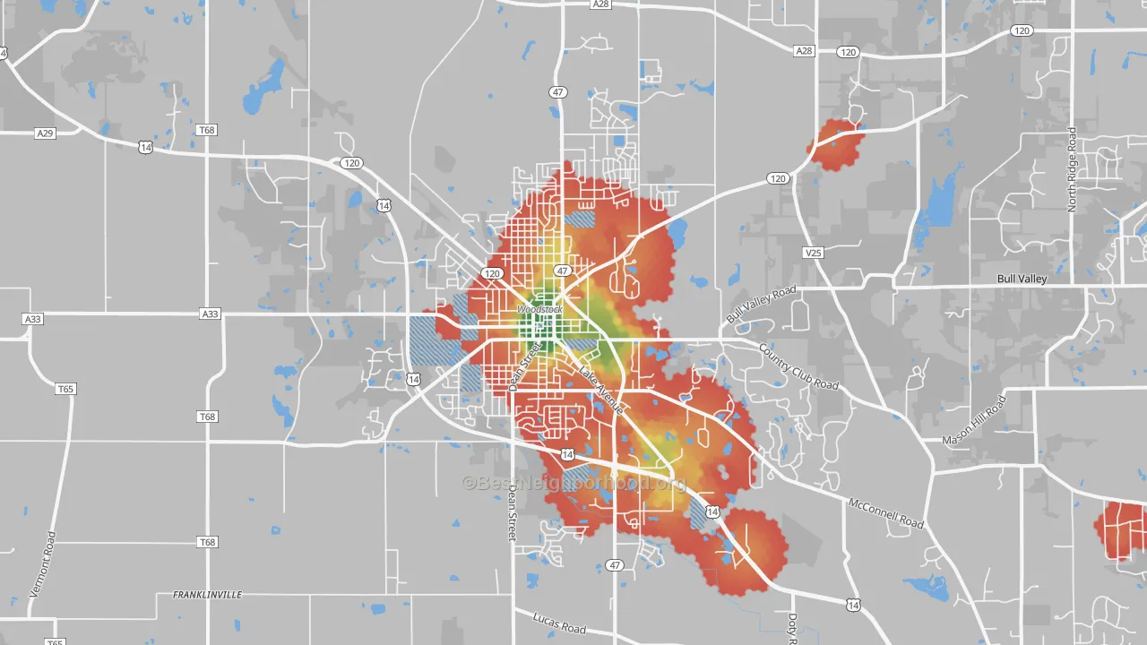 Walk Grade map of Woodstock, IL, walkable areas in green and car-dependent areas in red