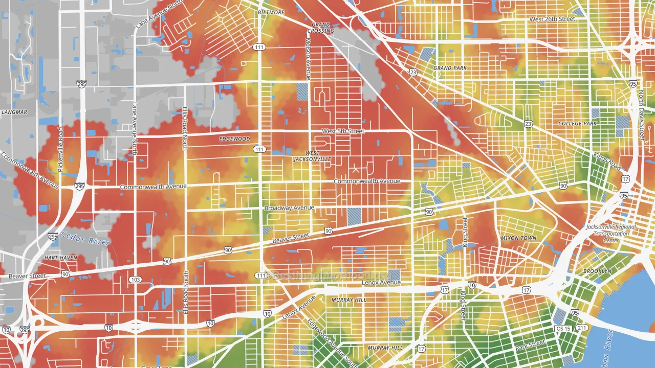 Walk Grade map of Woodstock, Jacksonville, FL, walkable areas in green and car-dependent areas in red