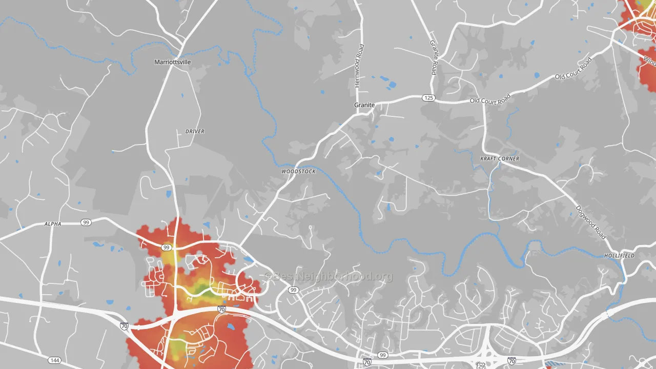 Walk Grade map of Woodstock, MD, walkable areas in green and car-dependent areas in red