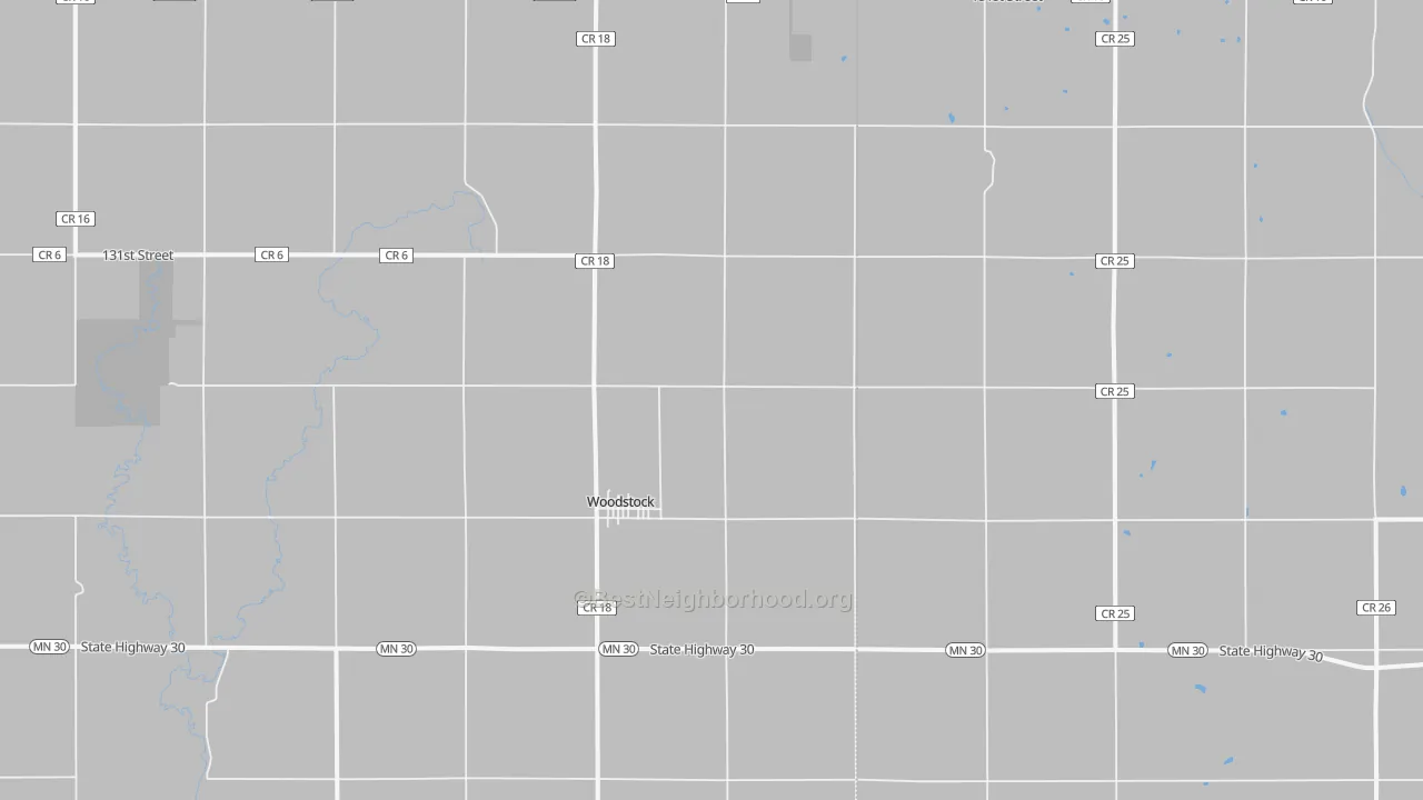 Walk Grade map of Woodstock, MN, walkable areas in green and car-dependent areas in red