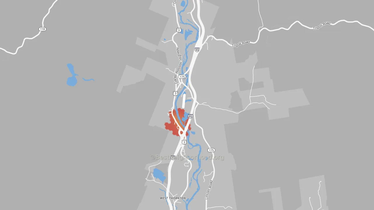 Walk Grade map of Woodstock, NH, walkable areas in green and car-dependent areas in red