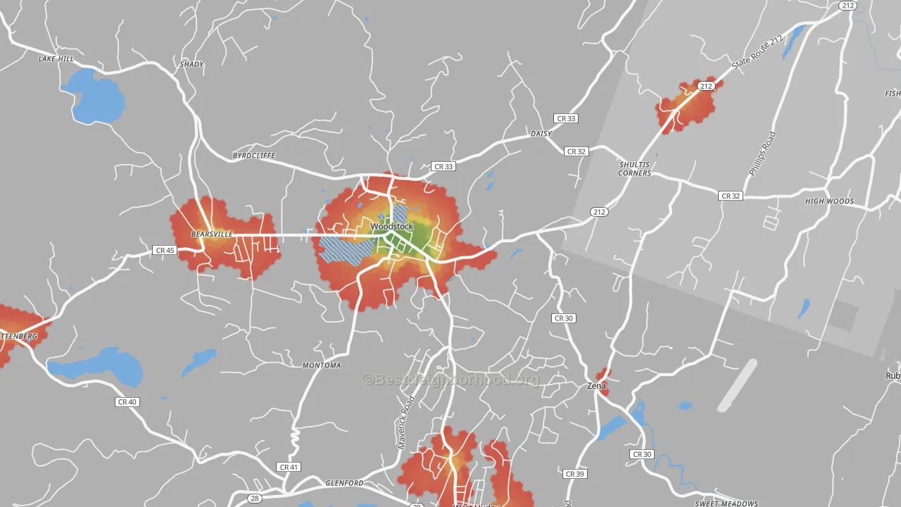 Walk Grade map of Woodstock, NY, walkable areas in green and car-dependent areas in red