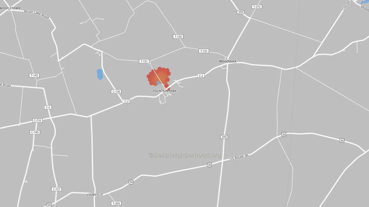 Walk Grade map of Woodstock, OH, walkable areas in green and car-dependent areas in red