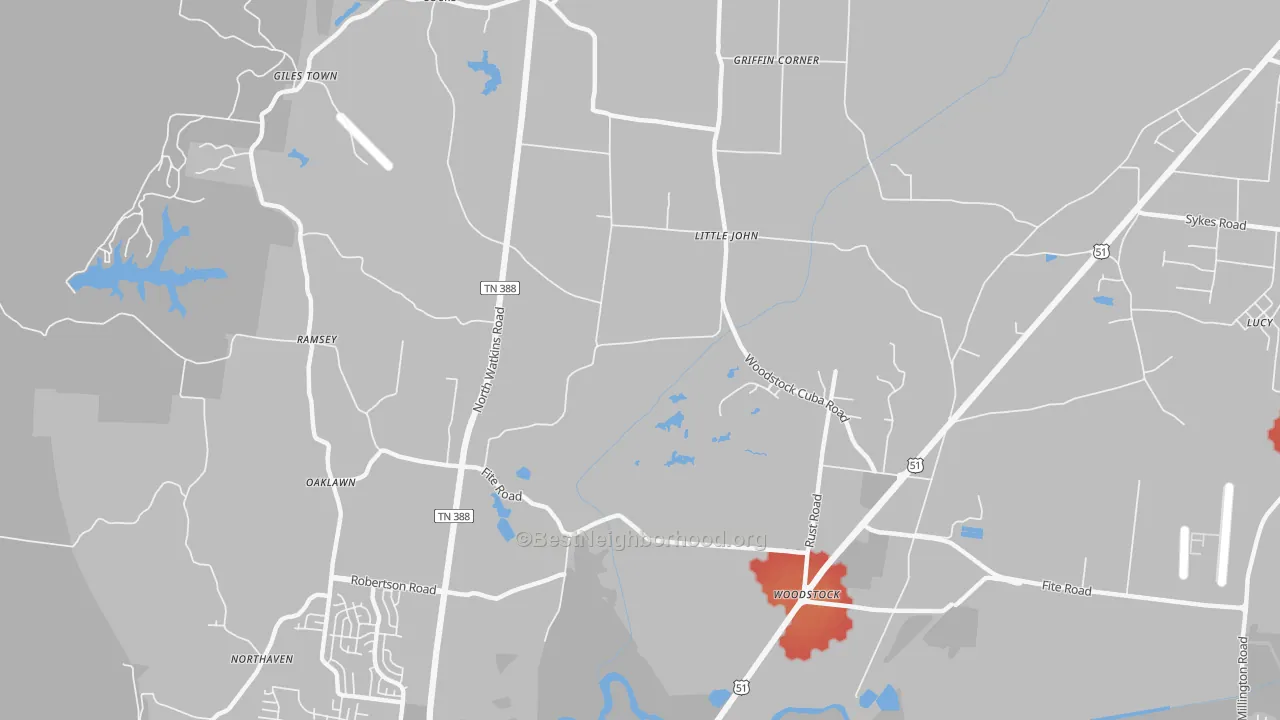 Walk Grade map of Woodstock, TN, walkable areas in green and car-dependent areas in red