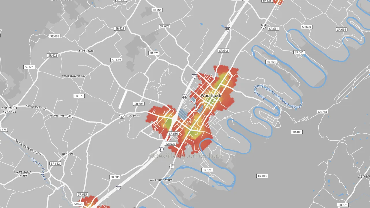 Walk Grade map of Woodstock, VA, walkable areas in green and car-dependent areas in red