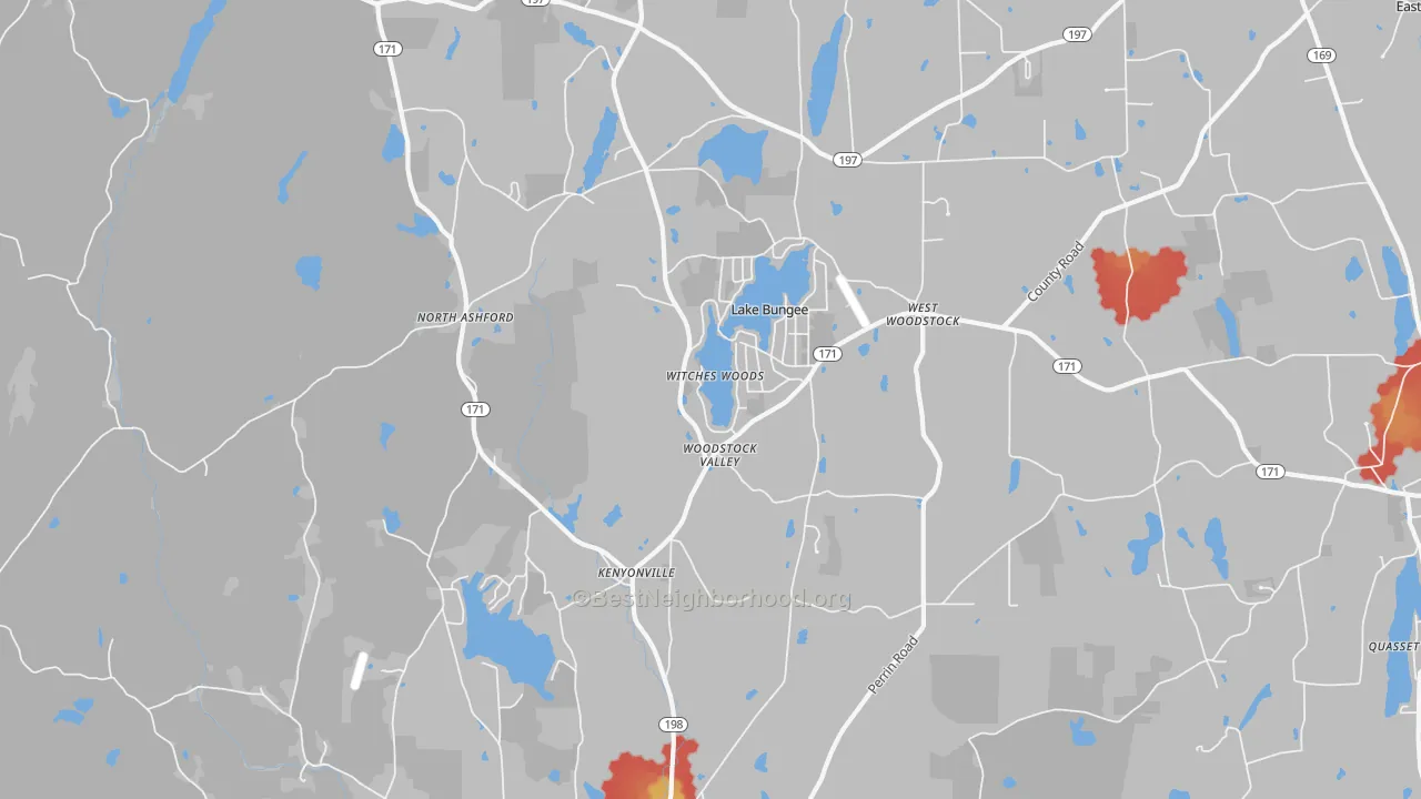 Walk Grade map of Woodstock Valley, CT, walkable areas in green and car-dependent areas in red