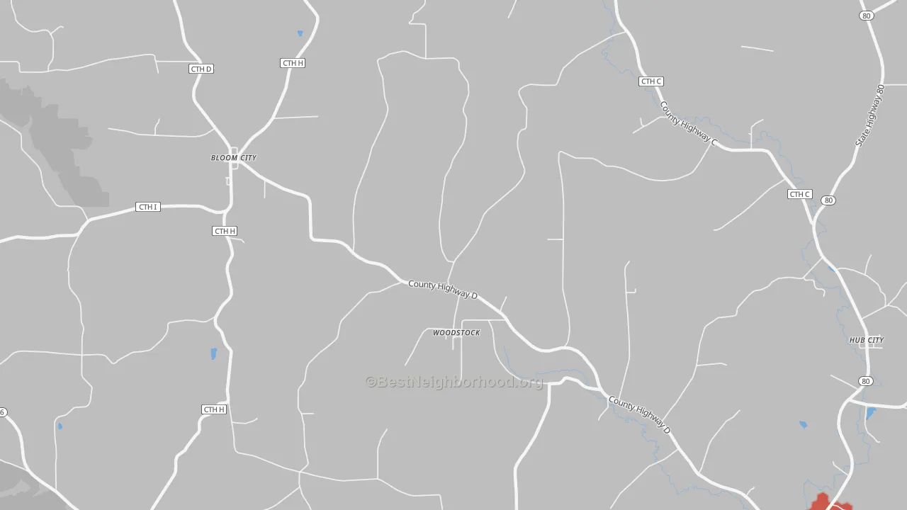 Walk Grade map of Woodstock, WI, walkable areas in green and car-dependent areas in red