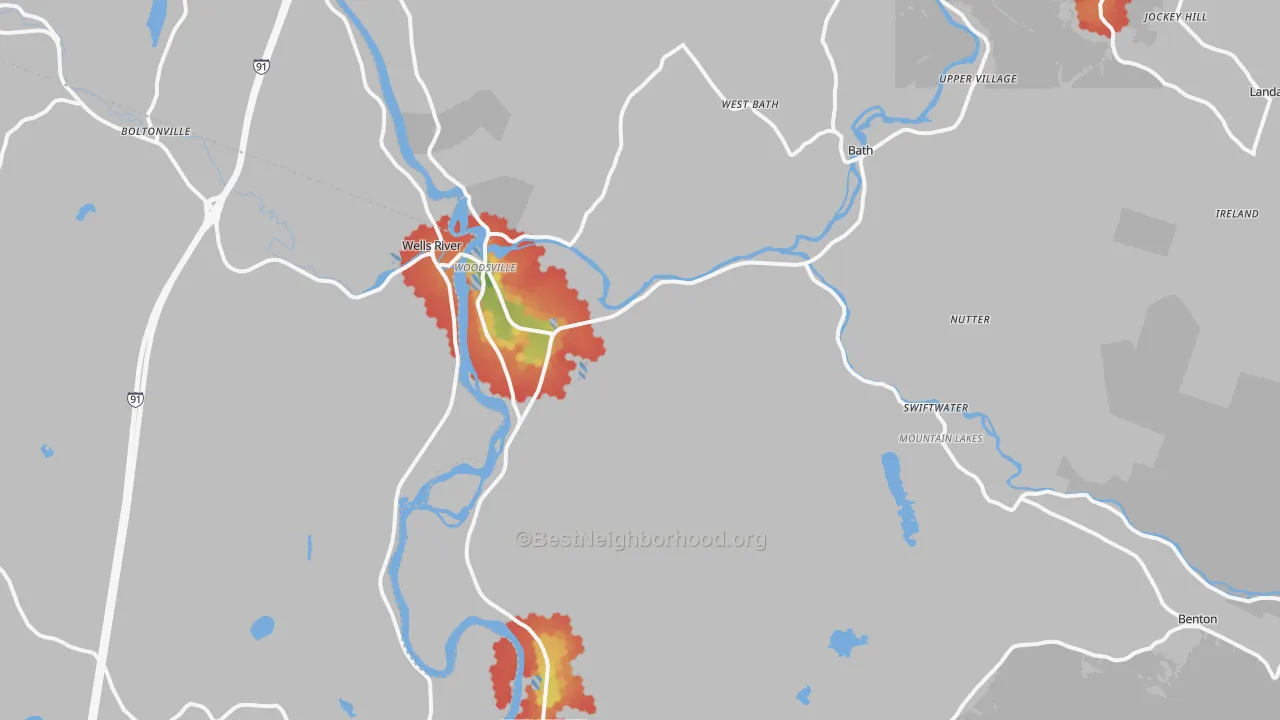 Walk Grade map of Woodsville, NH, walkable areas in green and car-dependent areas in red