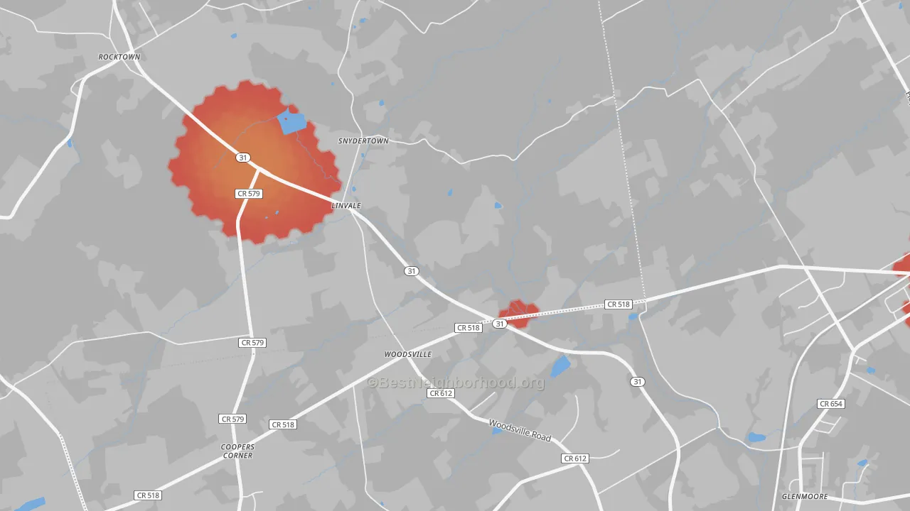 Walk Grade map of Woodsville, NJ, walkable areas in green and car-dependent areas in red