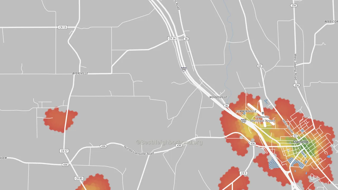 Walk Grade map of Woodsville, NY, walkable areas in green and car-dependent areas in red