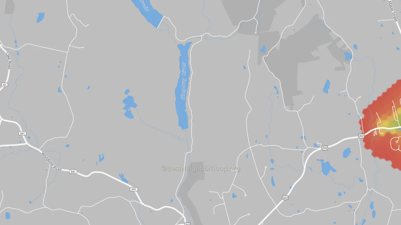 Walk Grade map of Woodville, CT, walkable areas in green and car-dependent areas in red