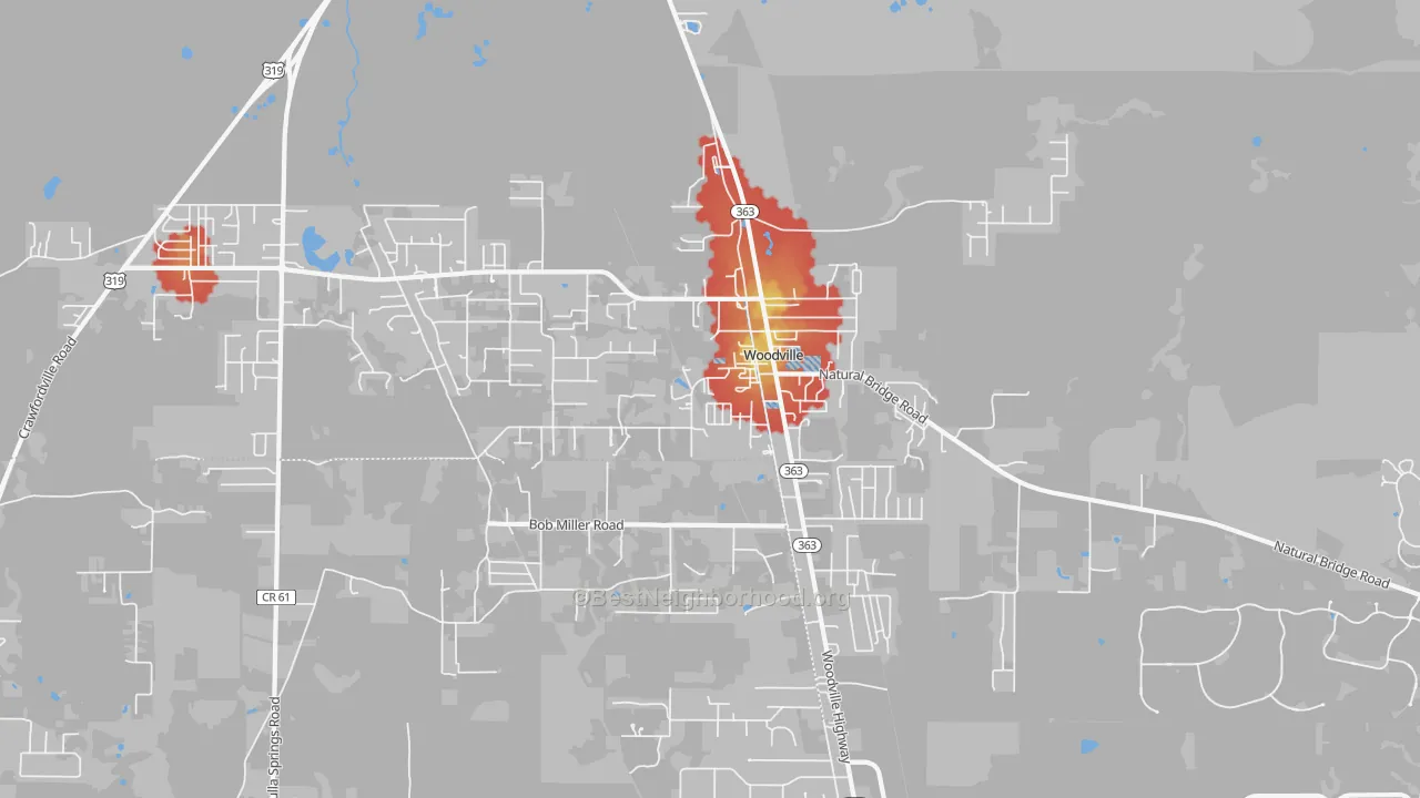 Walk Grade map of Woodville, FL, walkable areas in green and car-dependent areas in red