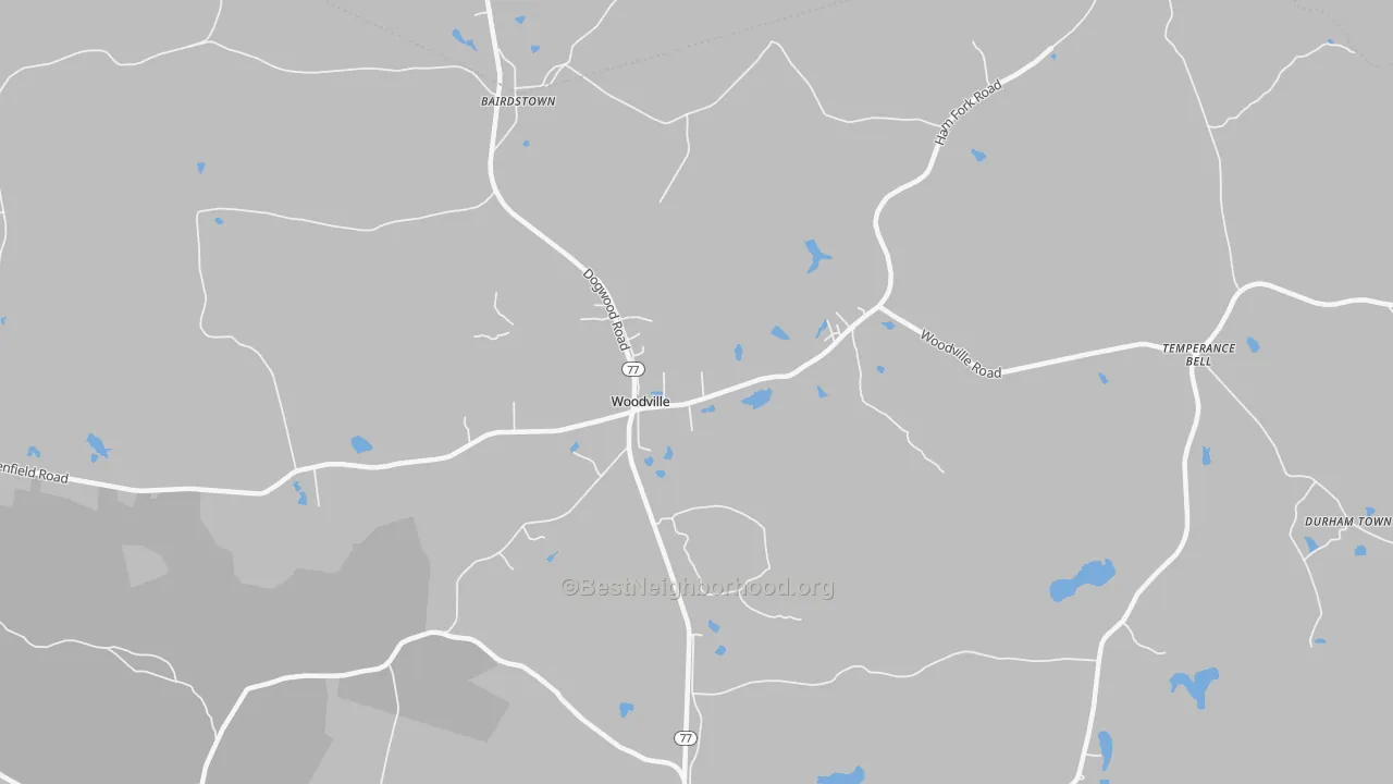 Walk Grade map of Woodville, GA, walkable areas in green and car-dependent areas in red