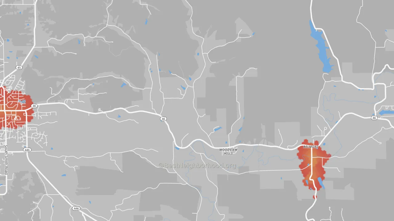 Walk Grade map of Woodville Hills, IN, walkable areas in green and car-dependent areas in red