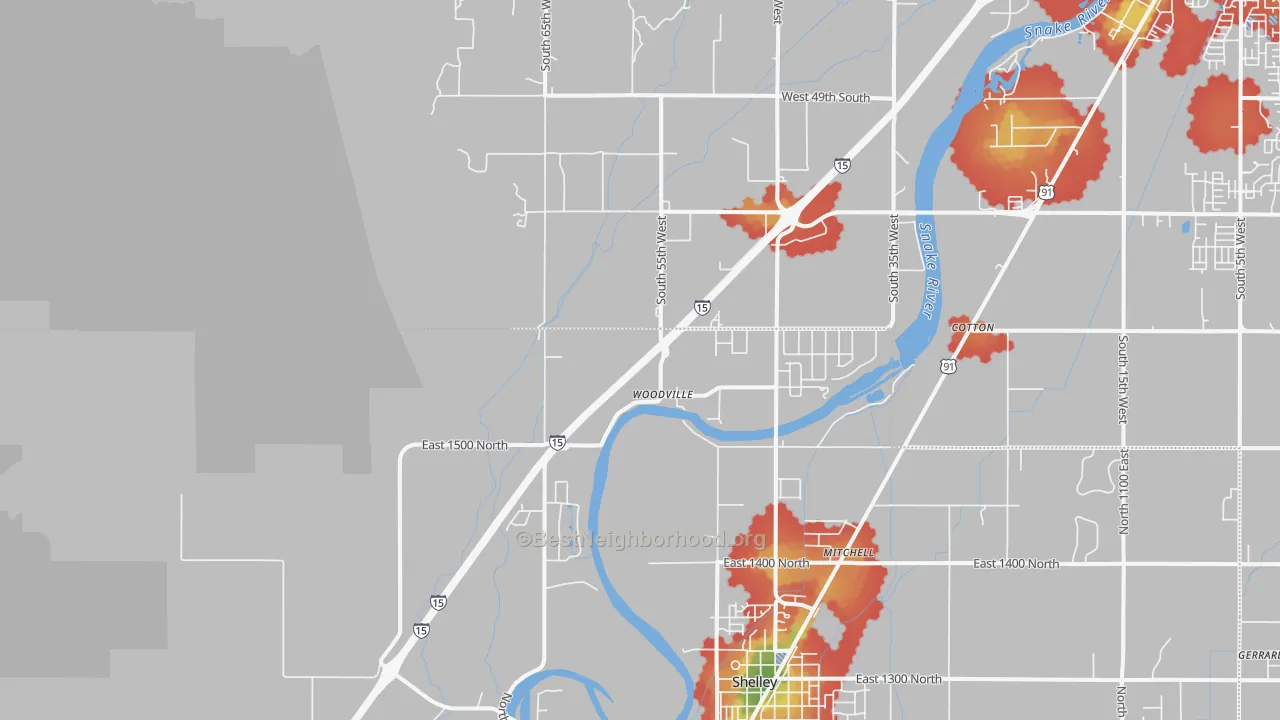 Walk Grade map of Woodville, ID, walkable areas in green and car-dependent areas in red