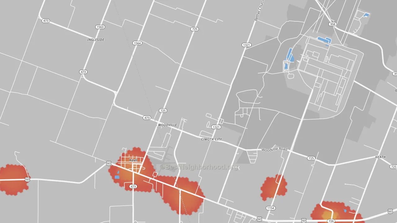 Walk Grade map of Woodville, KY, walkable areas in green and car-dependent areas in red