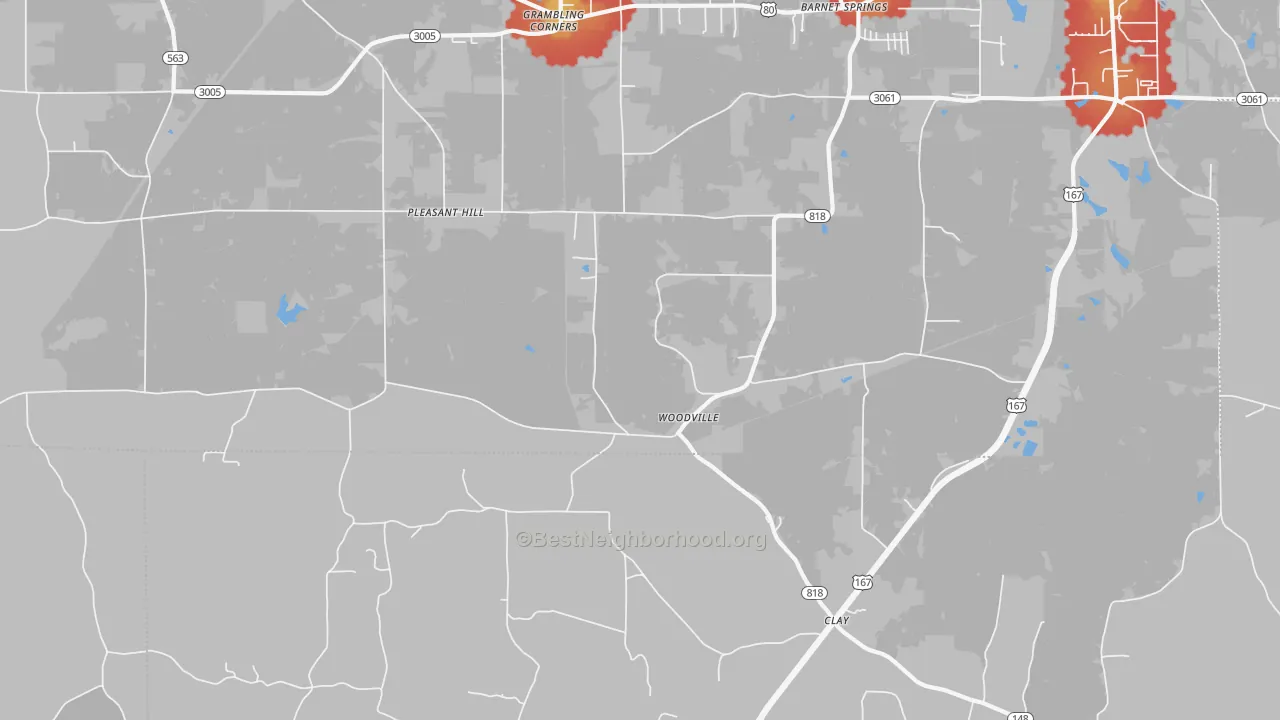 Walk Grade map of Woodville, LA, walkable areas in green and car-dependent areas in red