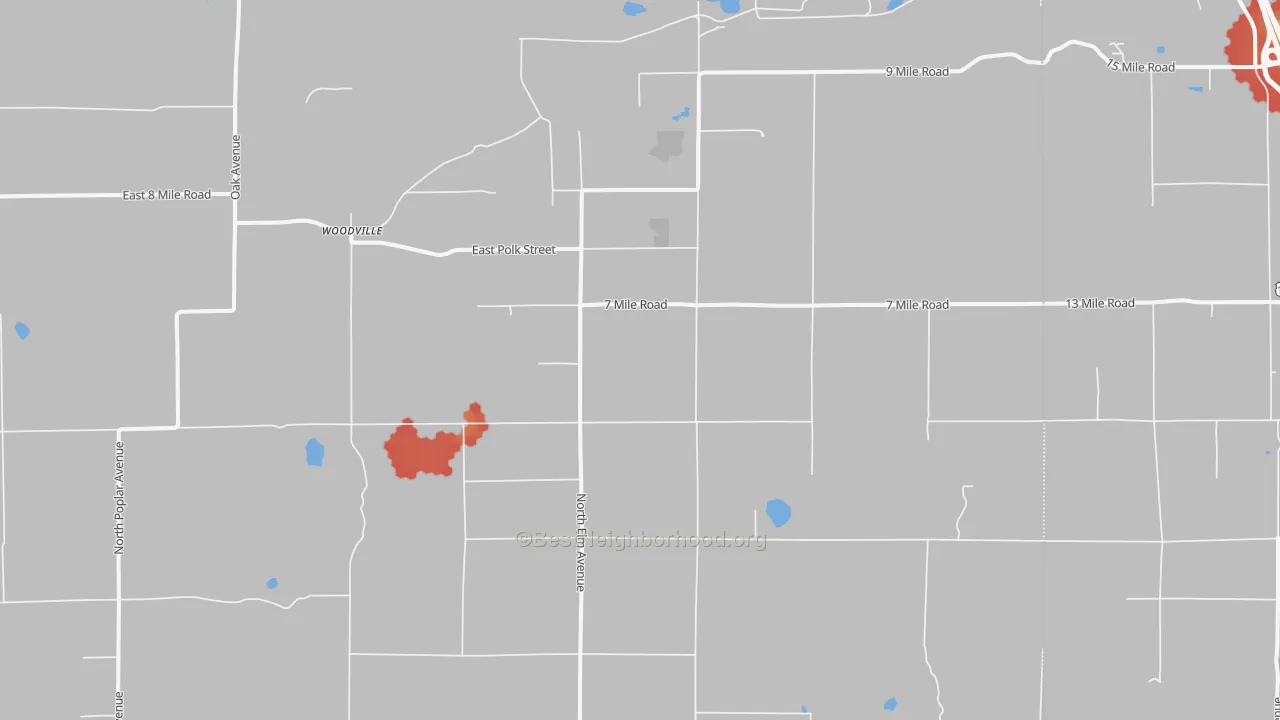 Walk Grade map of Woodville, MI, walkable areas in green and car-dependent areas in red