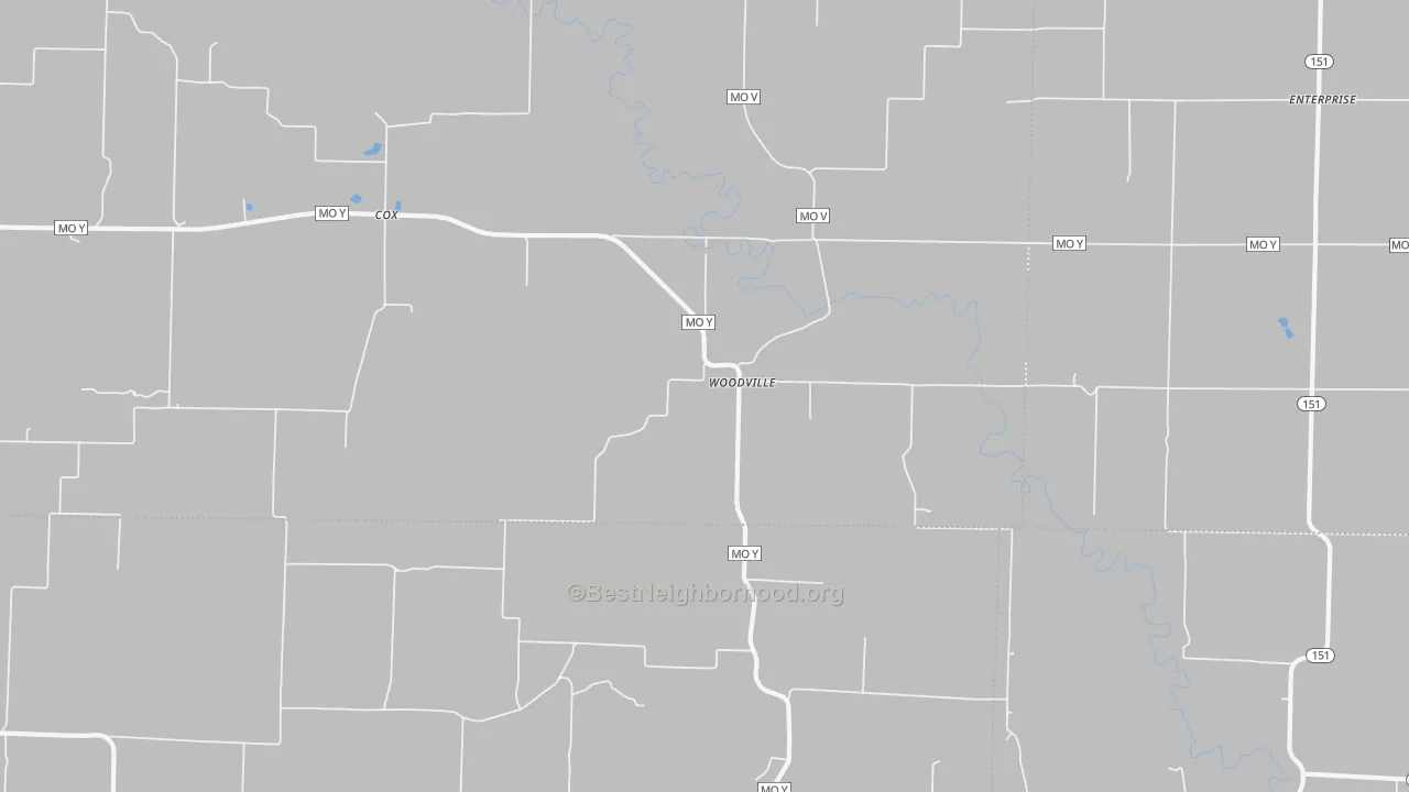Walk Grade map of Woodville, MO, walkable areas in green and car-dependent areas in red