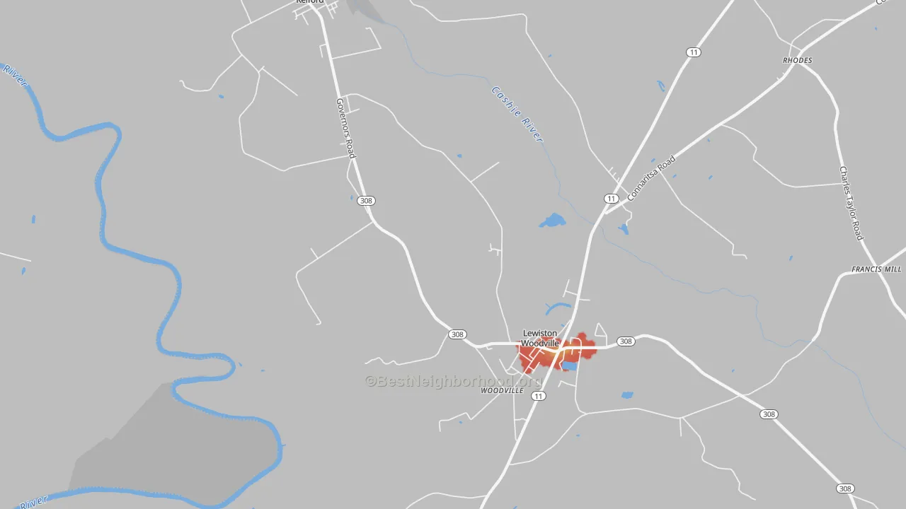 Walk Grade map of Woodville, NC, walkable areas in green and car-dependent areas in red