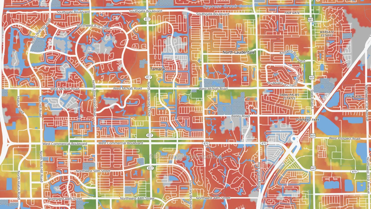 Walk Grade map of Woodville, North Lauderdale, FL, walkable areas in green and car-dependent areas in red